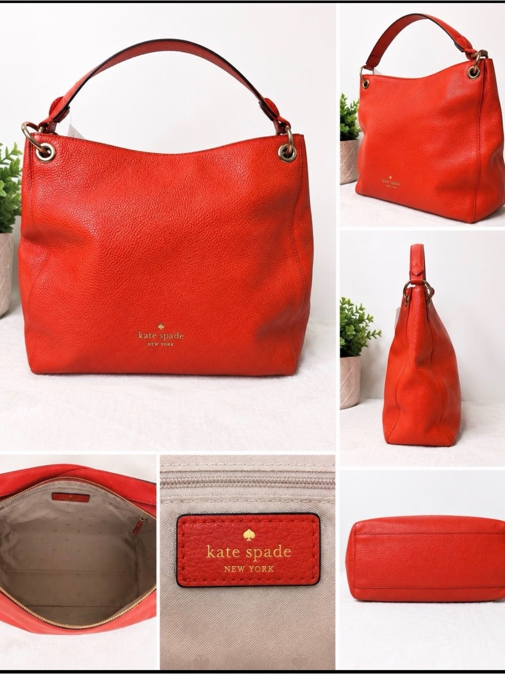 kate spade Red Orange Pebbled Leather Shoulder Hobo Bag